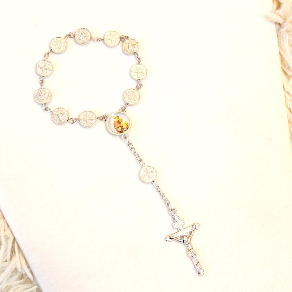 Vintage Silver Saint Anthony Discs Prayer Bracelet with INRI Crucifix - 8"